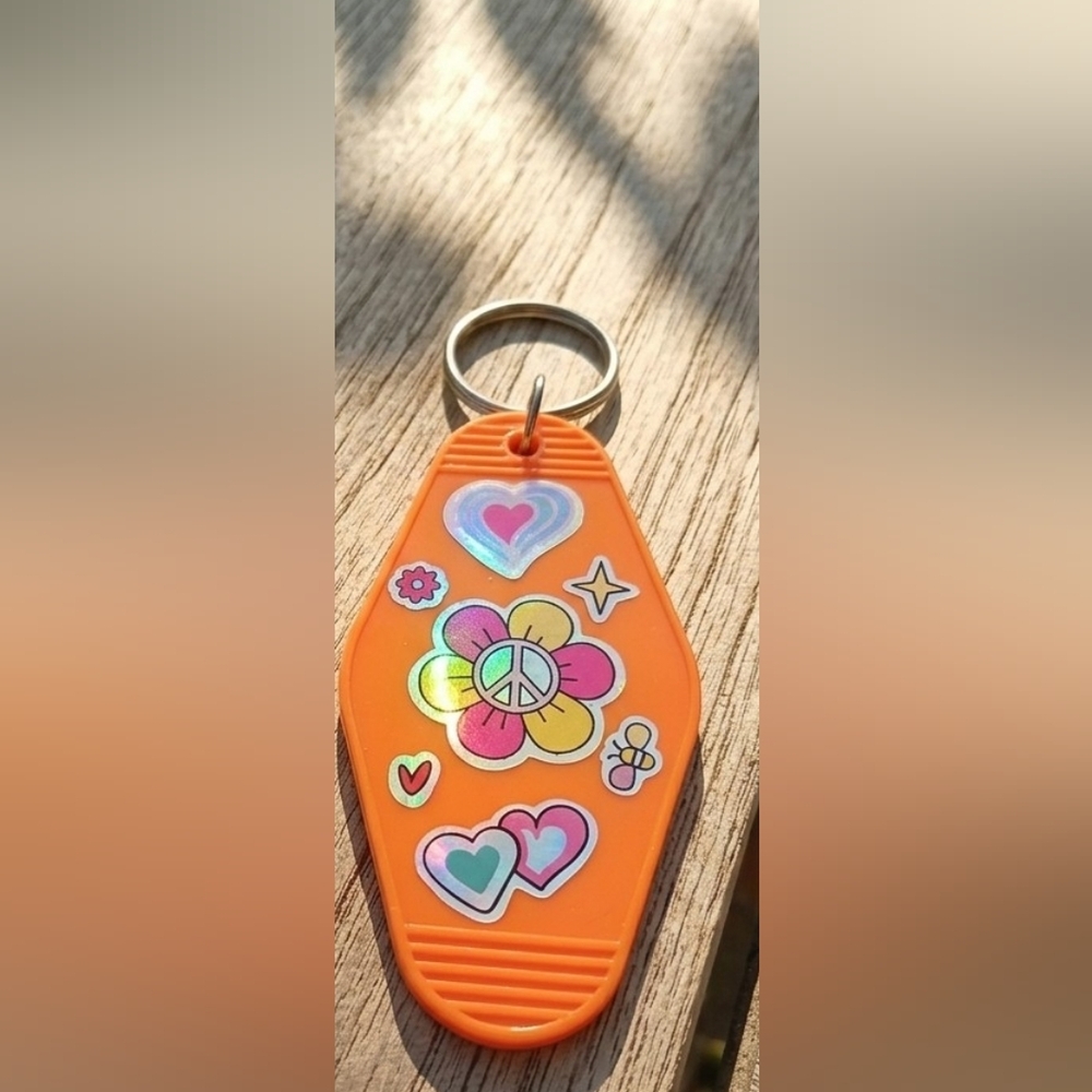 Handmade Retro Motel Keychain Orange UV Resin Peace Flower Iridescent Boho